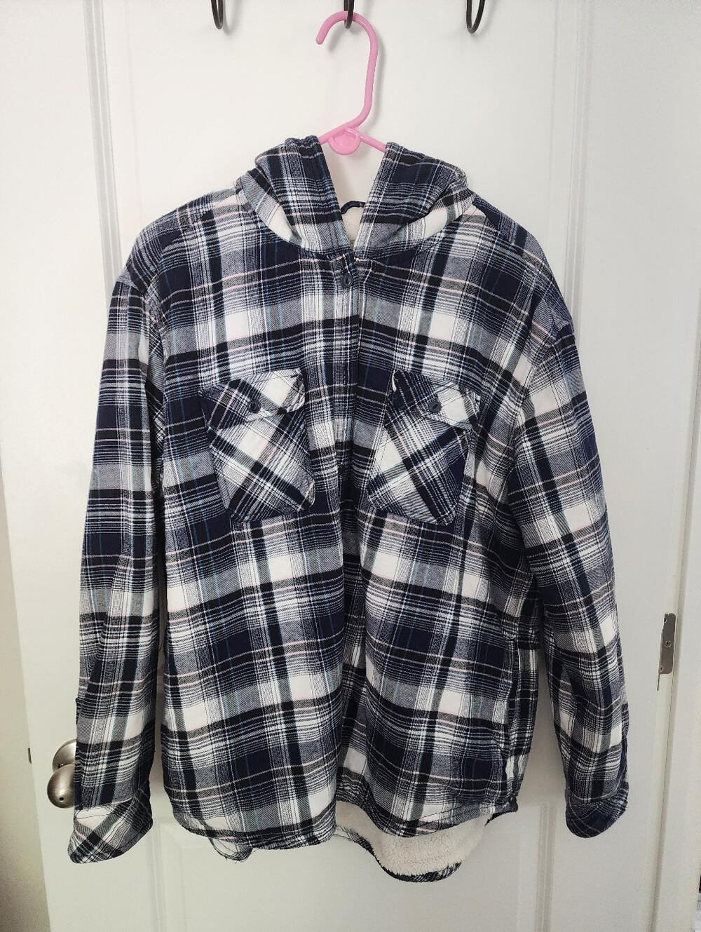 Women's Navy & White Plaid Hooded Jacket Sherpa Lined Size Xxl.